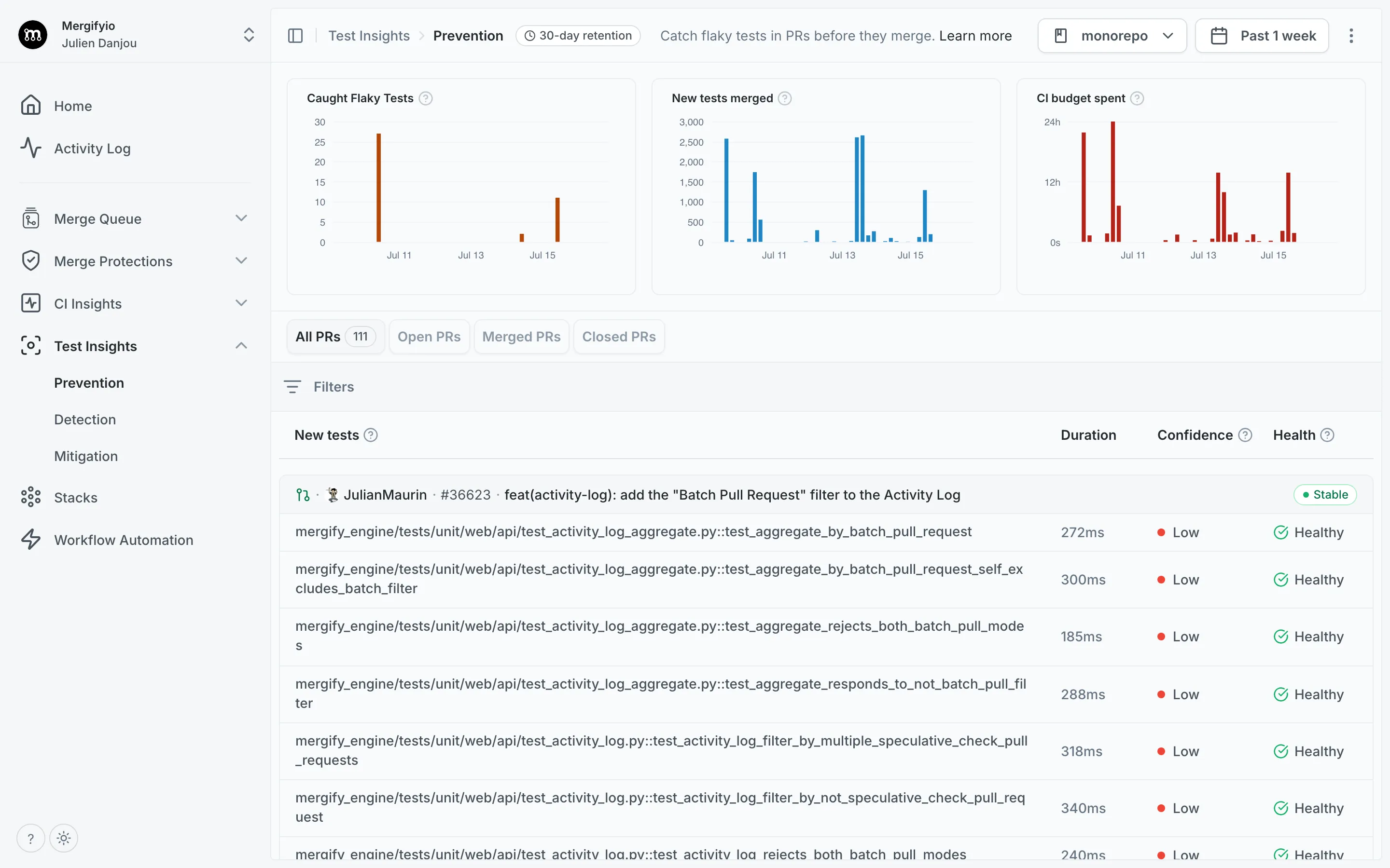 Prevention dashboard: caught-flaky metrics and new-tests list